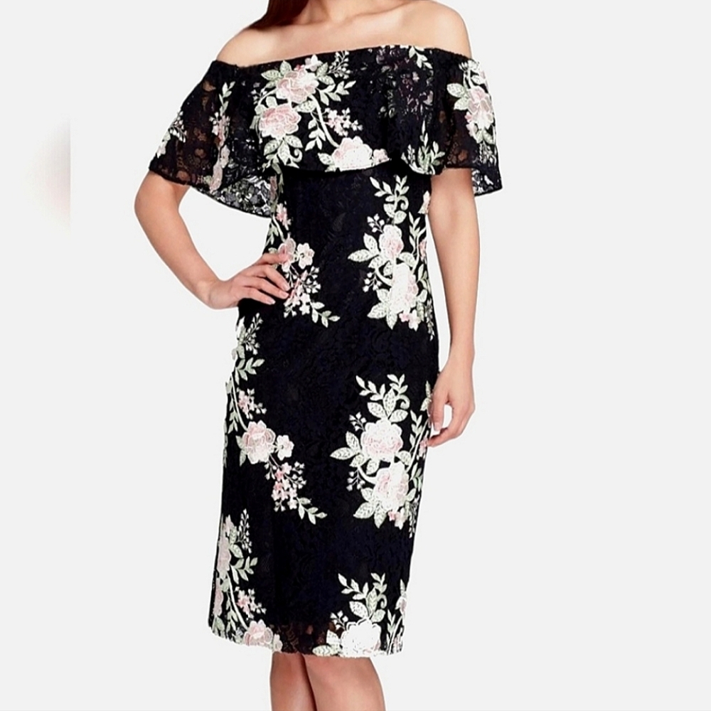 Tahari Off Shoulder Black Lace/Pink Garden Floral Roses Lux Cocktail Dre…